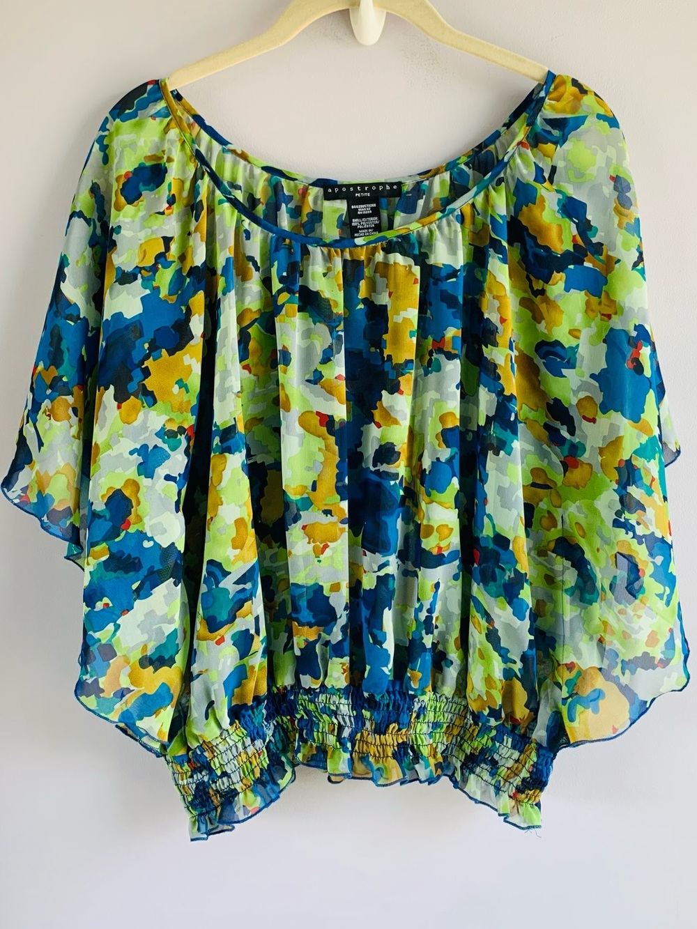 Blouse Watercolor Blue Green Flowy Butterfly Sleeve Ruched Waist Colorful EUC PL